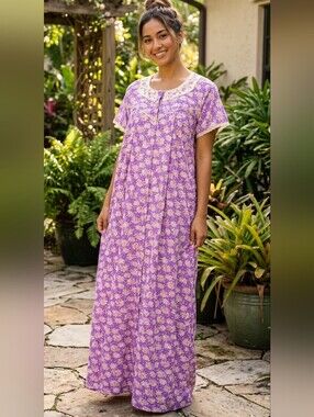 Vintage Homemade OOAK Purple Ditsy Floral Maxi Muumuu House Dress Nursing Gown